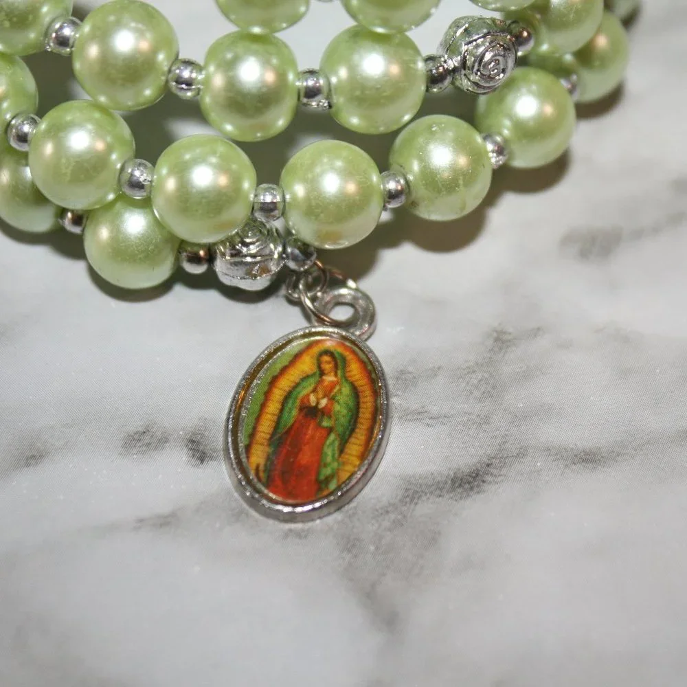 ARTISAN Bracelet Rosary Cross Charm Wire Wrap Pastel Green Pearl Silver Cuff